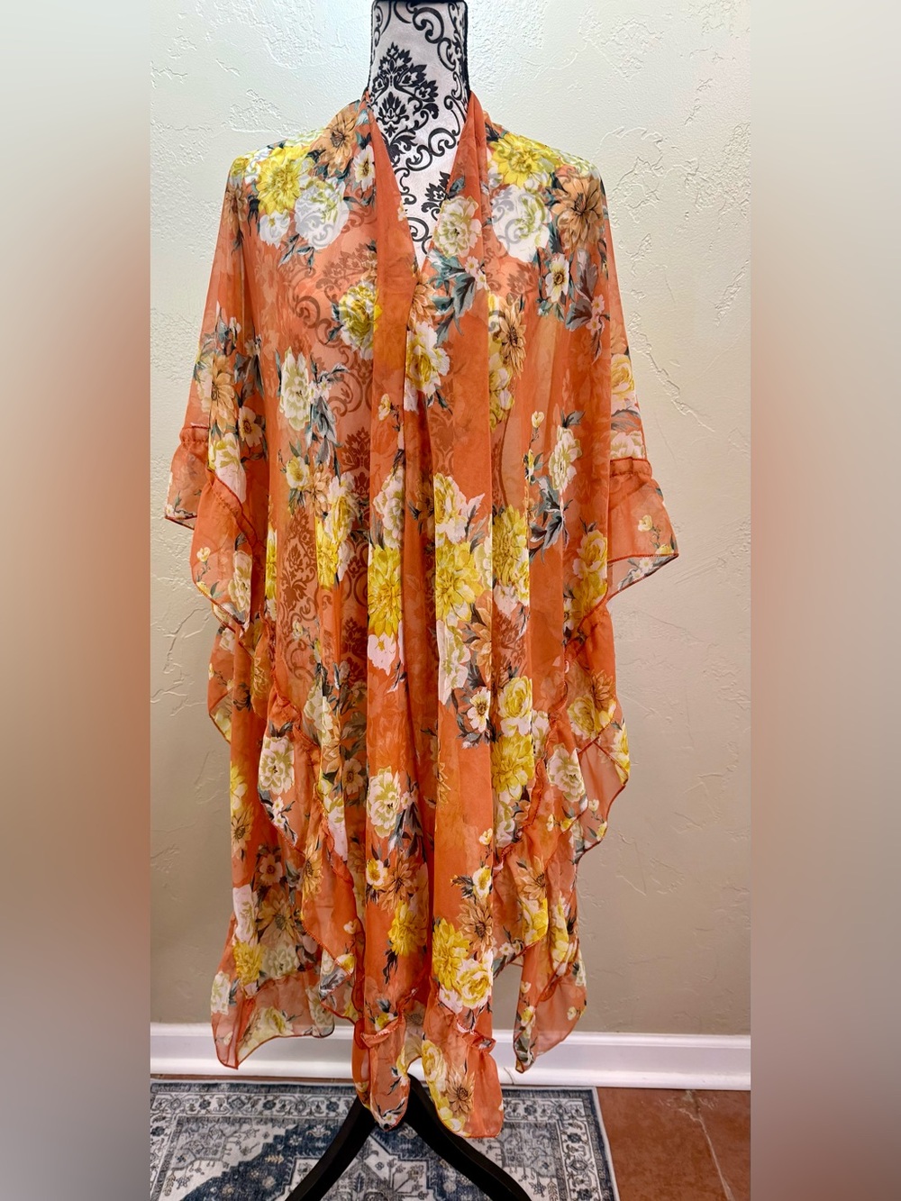 Women’s Torrid Kimono Duster Wrap Orange Sunset Floral With Ruffles One Size